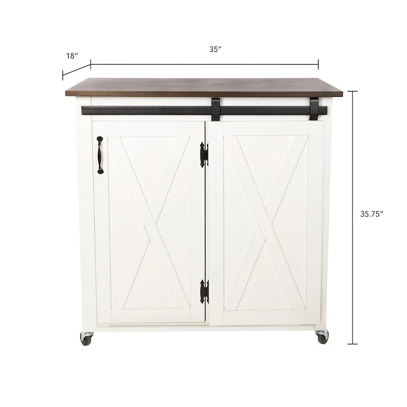 White Wood Mobile Kitchen Cart with Sliding Barn Door Storage