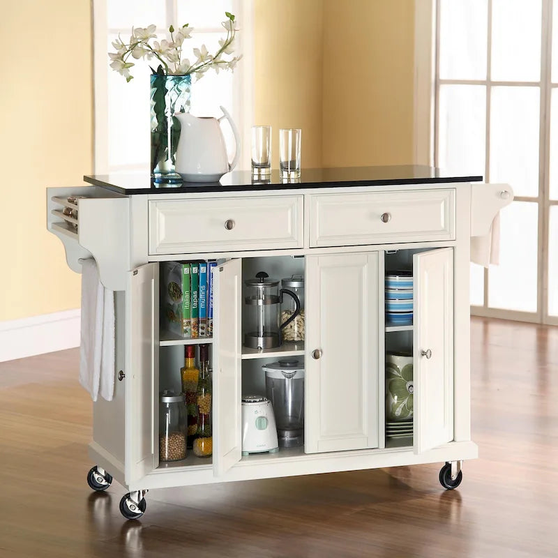 White Granite Top Kitchen Storage Cart with Drawers and Cabinets