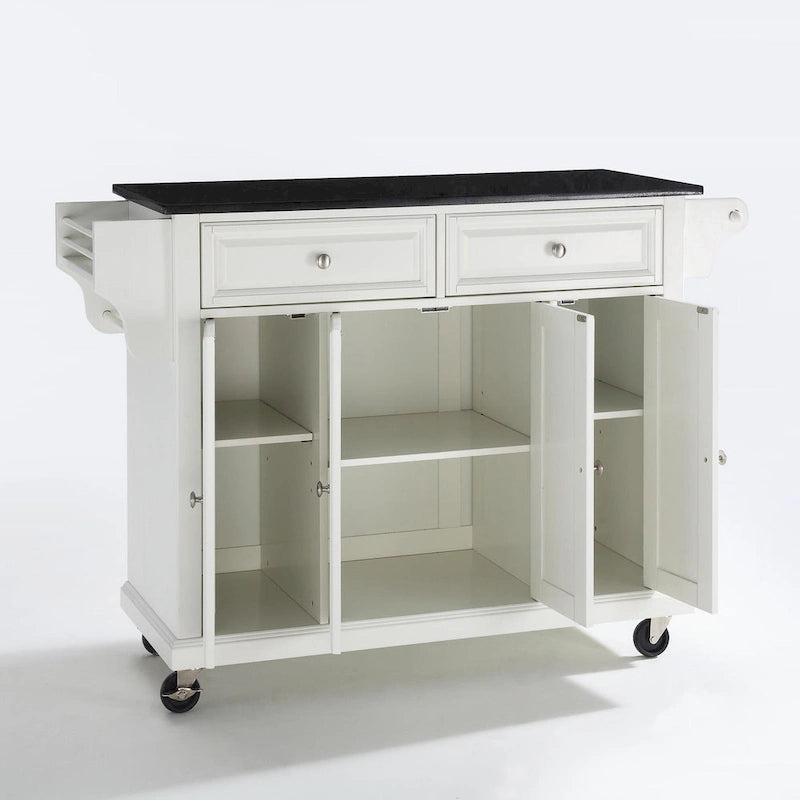 White Granite Top Kitchen Storage Cart with Drawers and Cabinets
