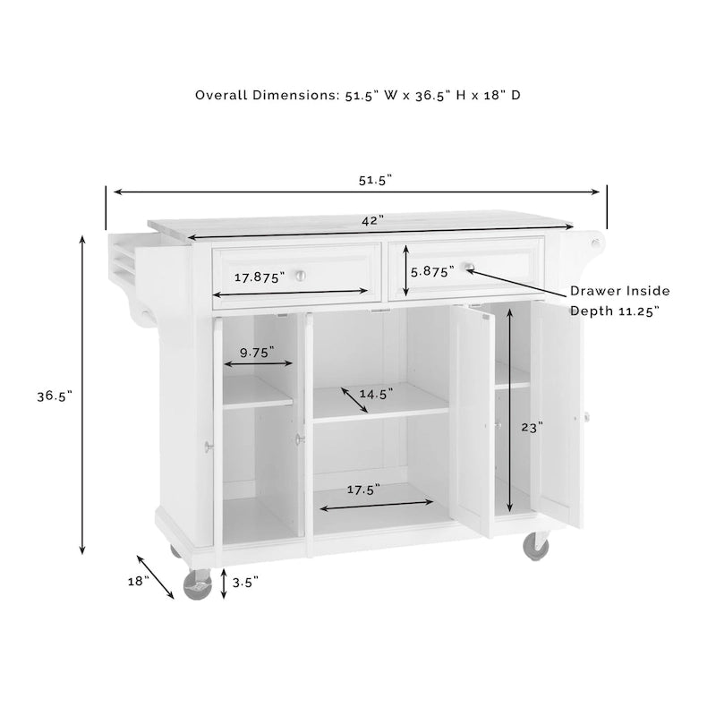 White Granite Top Kitchen Storage Cart with Drawers and Cabinets