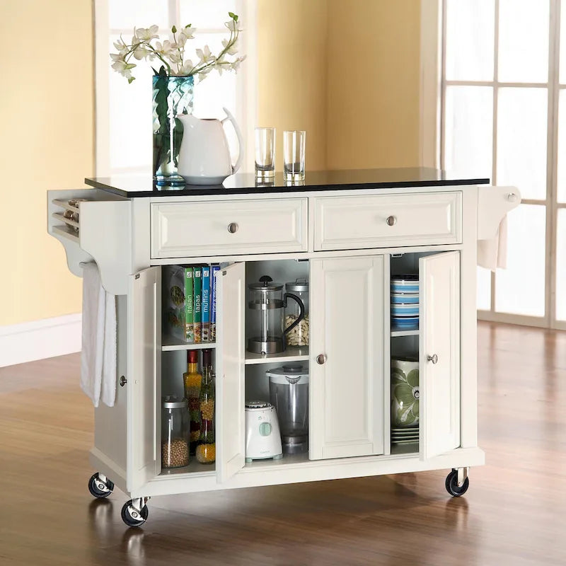White Granite Top Kitchen Storage Cart with Drawers and Cabinets