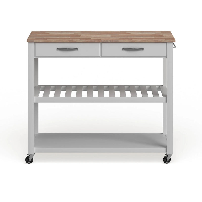 Natural Wood Top Rolling Kitchen Cart with Drawers and Shelves White