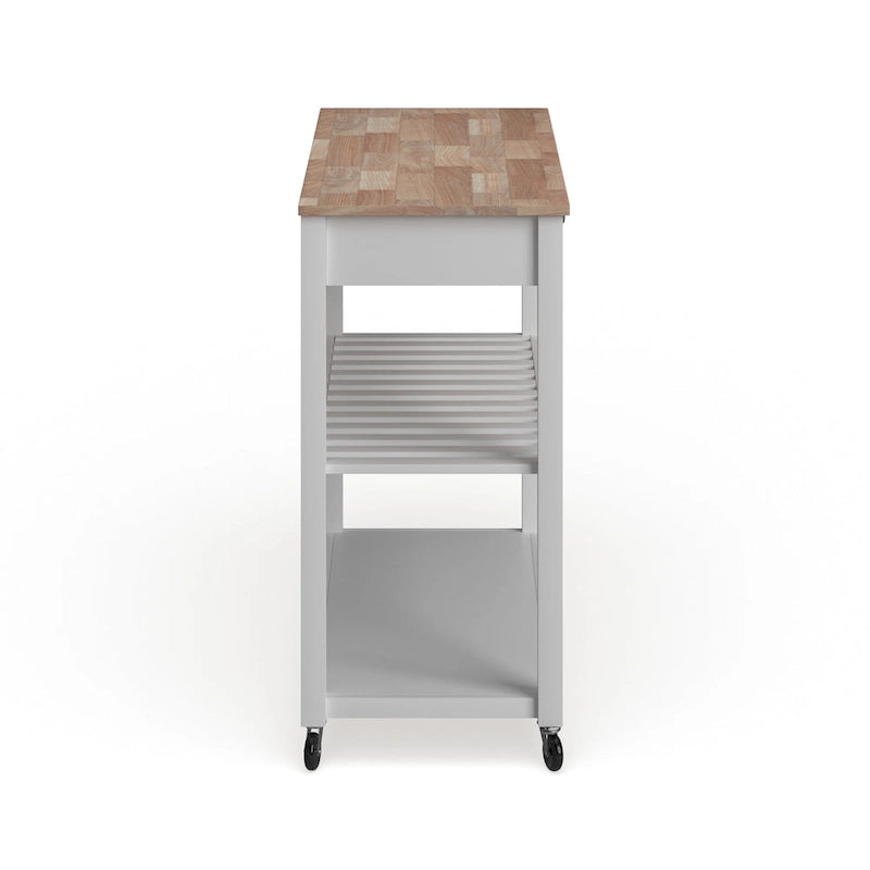 Natural Wood Top Rolling Kitchen Cart with Drawers and Shelves White