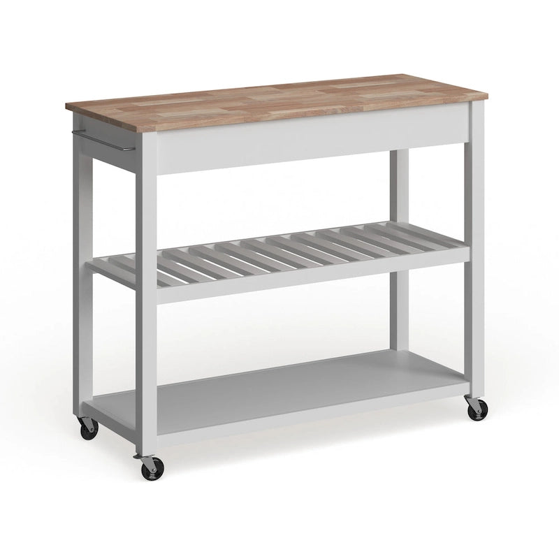 Natural Wood Top Rolling Kitchen Cart with Drawers and Shelves White