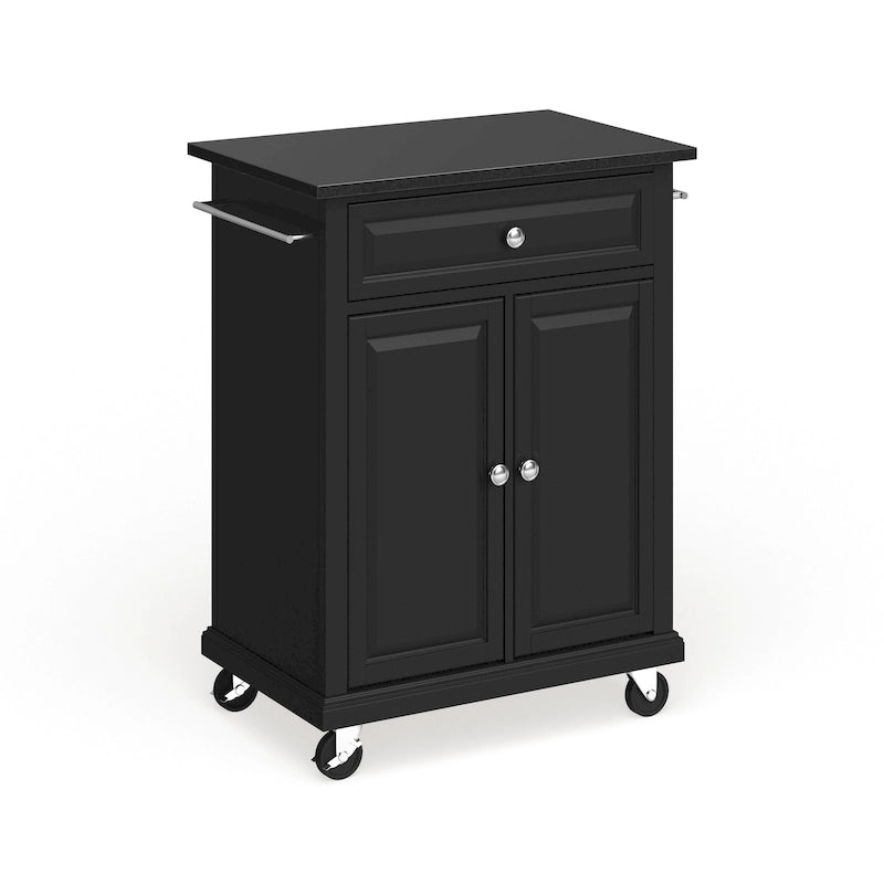 Compact Black Granite Top Kitchen Cart with Cabinet and Drawer