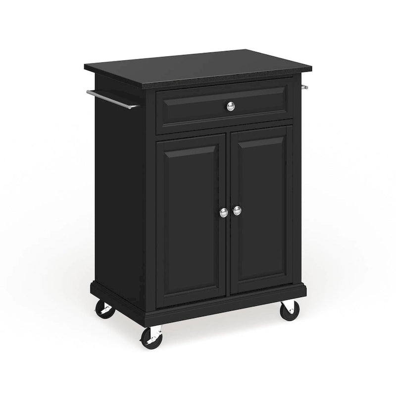 Compact Black Granite Top Kitchen Cart with Cabinet and Drawer