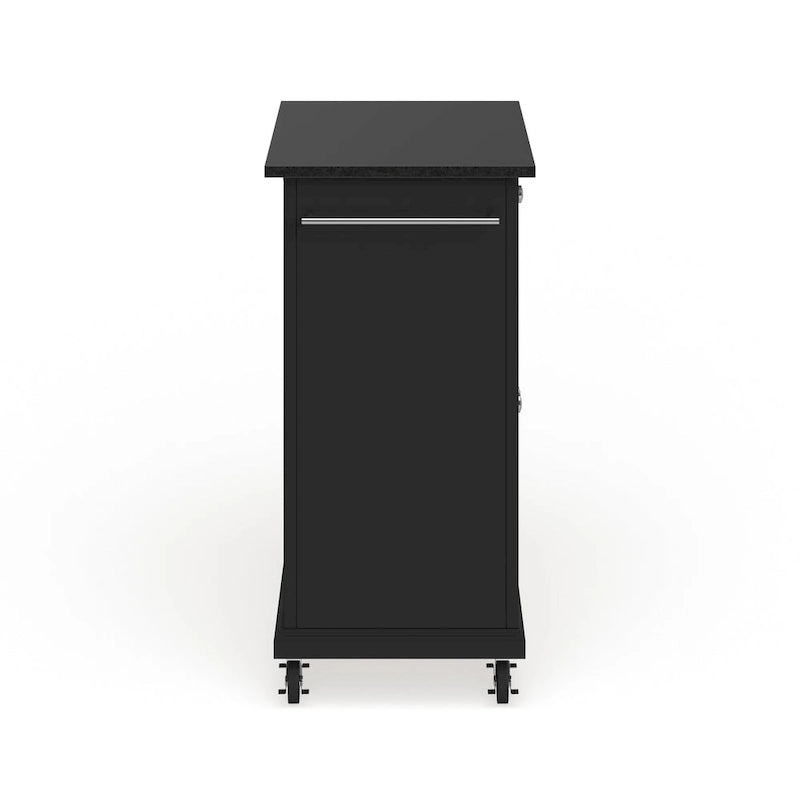 Compact Black Granite Top Kitchen Cart with Cabinet and Drawer