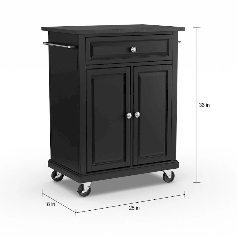 Compact Black Granite Top Kitchen Cart with Cabinet and Drawer
