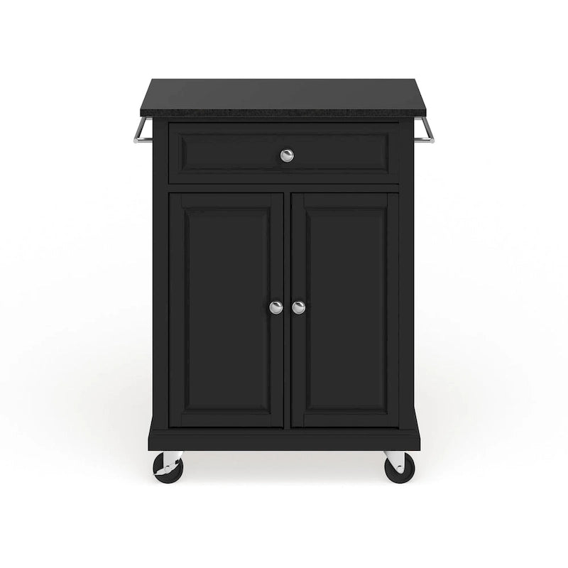 Compact Black Granite Top Kitchen Cart with Cabinet and Drawer