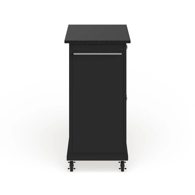 Compact Black Granite Top Kitchen Cart with Cabinet and Drawer