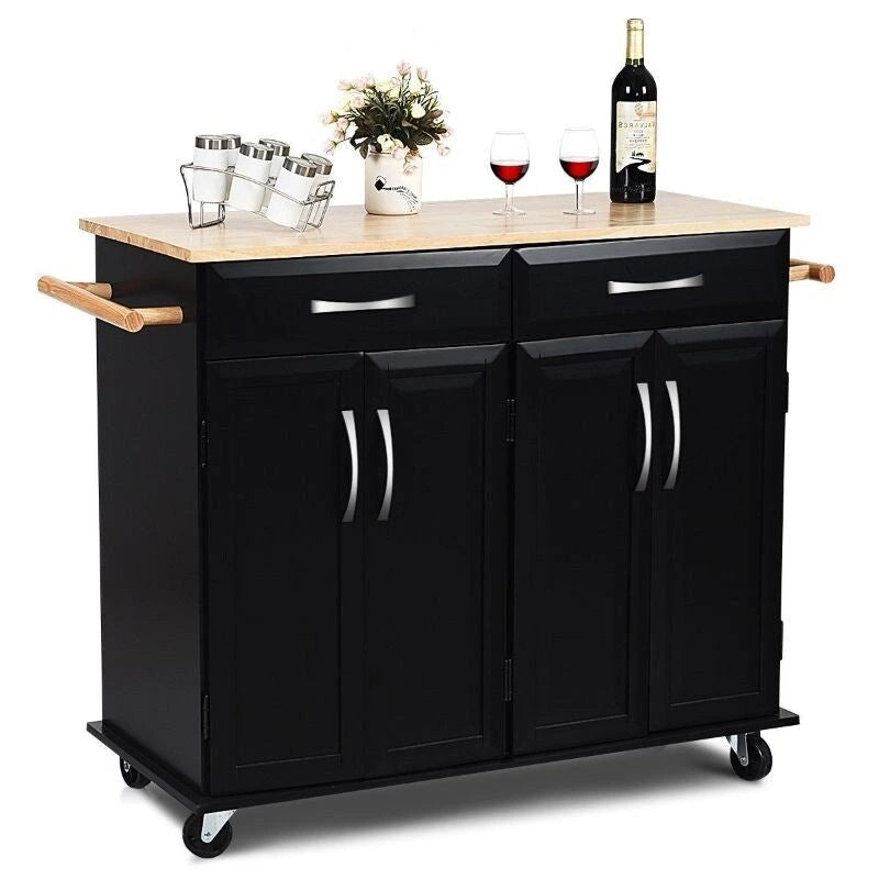 Black Rolling Kitchen Island Cart with Wood Top and Storage Cabinets