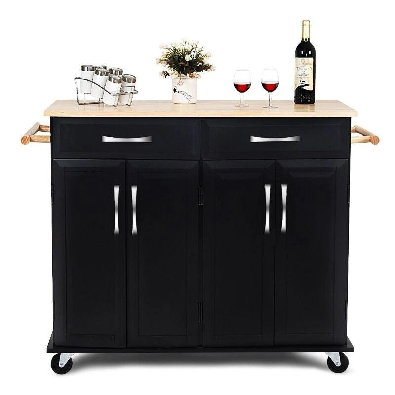 Black Rolling Kitchen Island Cart with Wood Top and Storage Cabinets