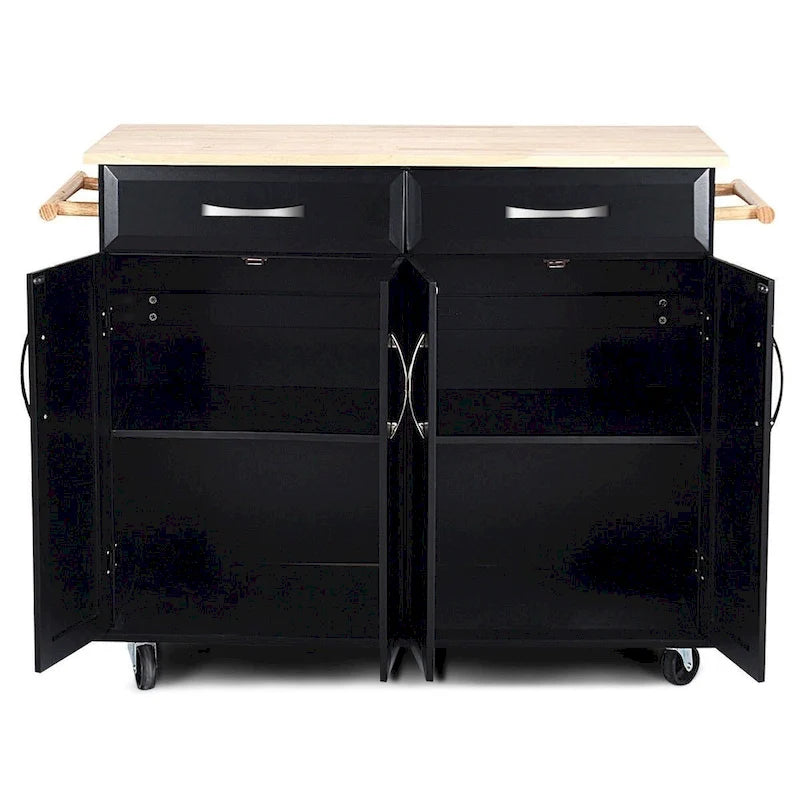 Black Rolling Kitchen Island Cart with Wood Top and Storage Cabinets