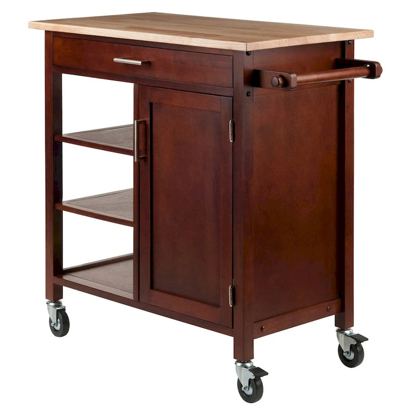 Walnut Rolling Kitchen Cart with Cabinet Drawer and Open Shelves