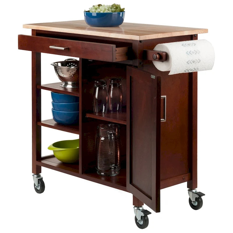 Walnut Rolling Kitchen Cart with Cabinet Drawer and Open Shelves