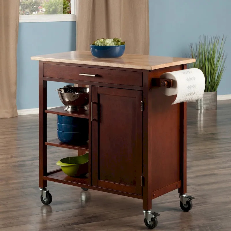 Walnut Rolling Kitchen Cart with Cabinet Drawer and Open Shelves