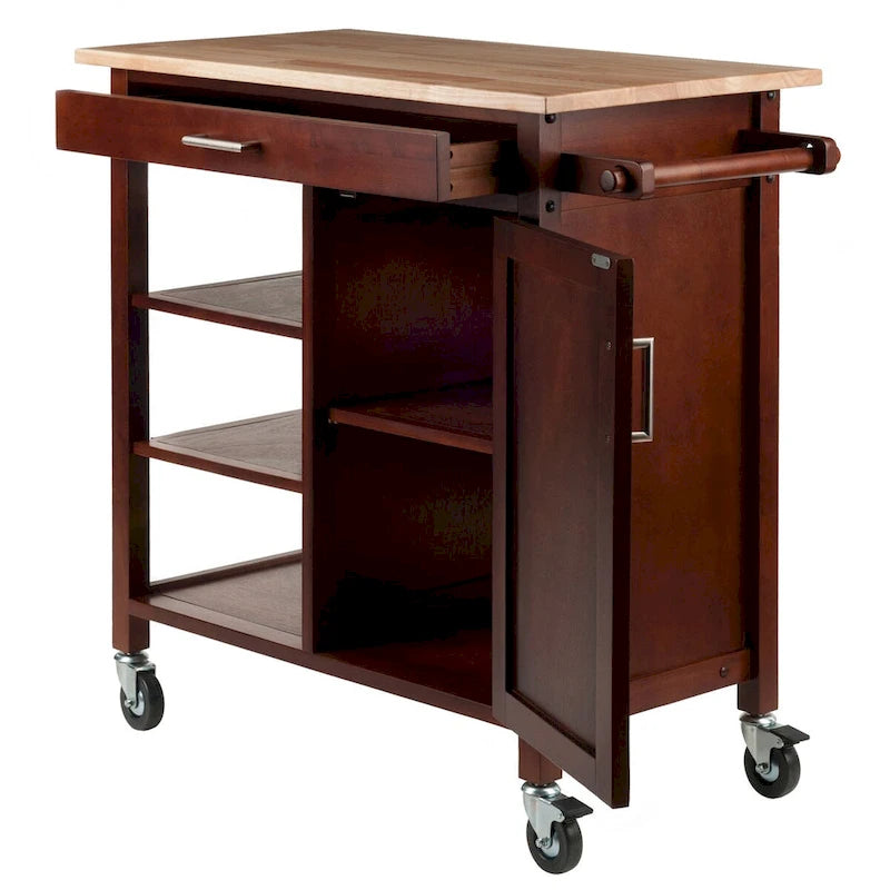 Walnut Rolling Kitchen Cart with Cabinet Drawer and Open Shelves