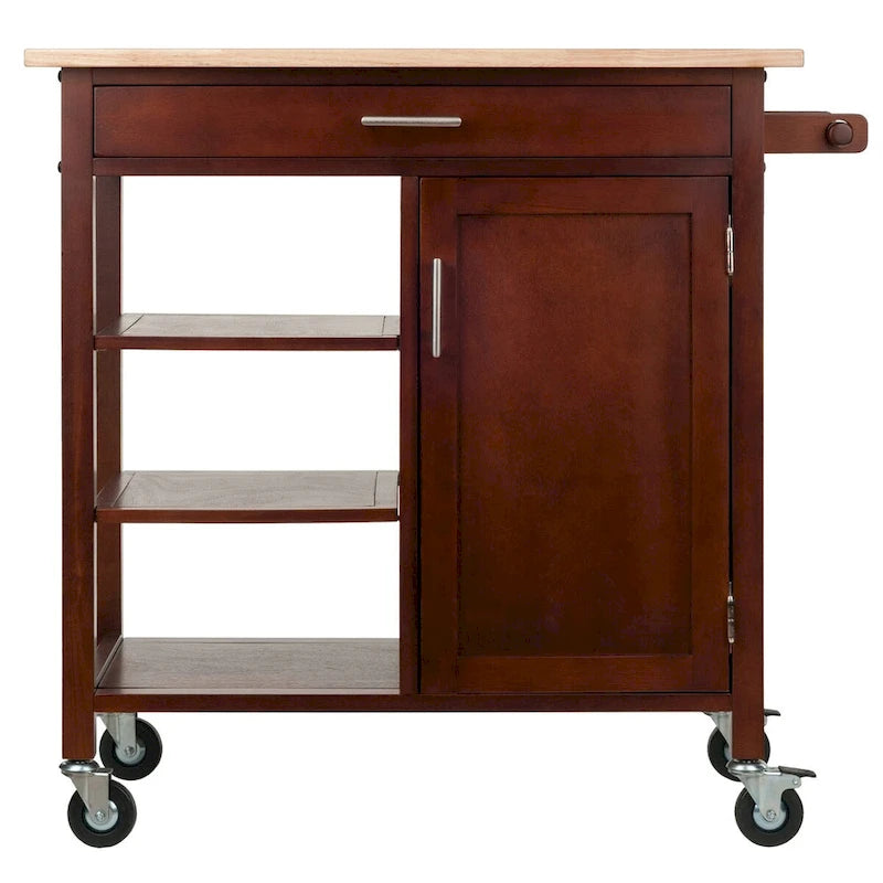 Walnut Rolling Kitchen Cart with Cabinet Drawer and Open Shelves