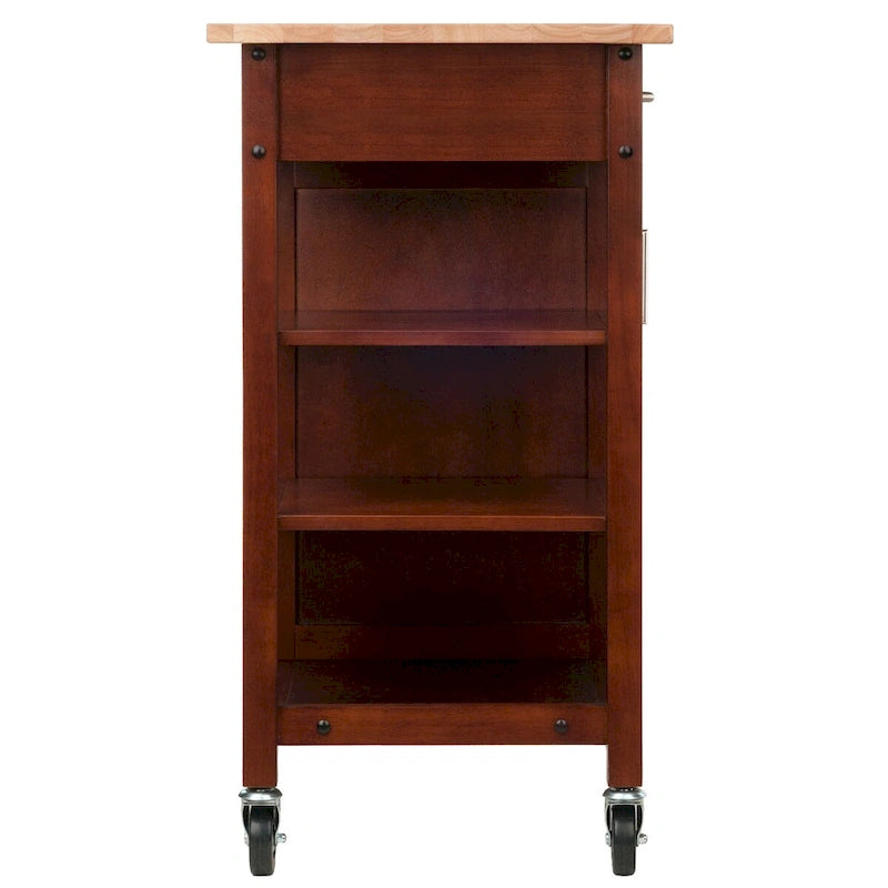 Walnut Rolling Kitchen Cart with Cabinet Drawer and Open Shelves