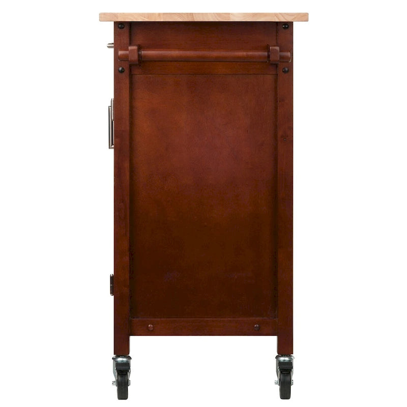 Walnut Rolling Kitchen Cart with Cabinet Drawer and Open Shelves