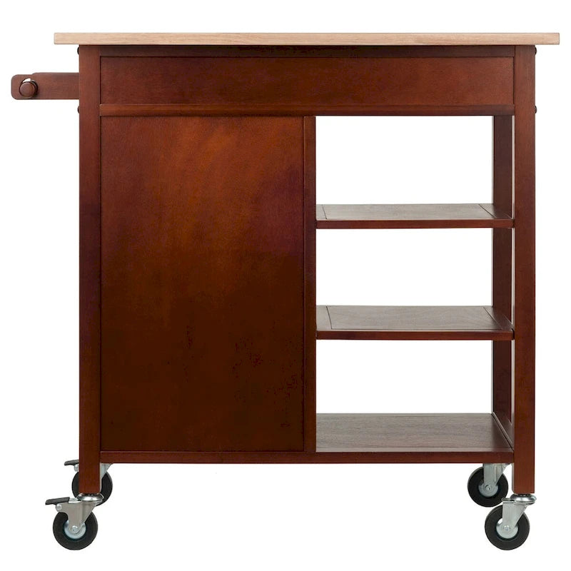 Walnut Rolling Kitchen Cart with Cabinet Drawer and Open Shelves