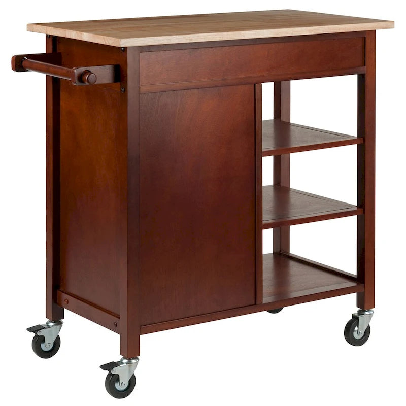 Walnut Rolling Kitchen Cart with Cabinet Drawer and Open Shelves