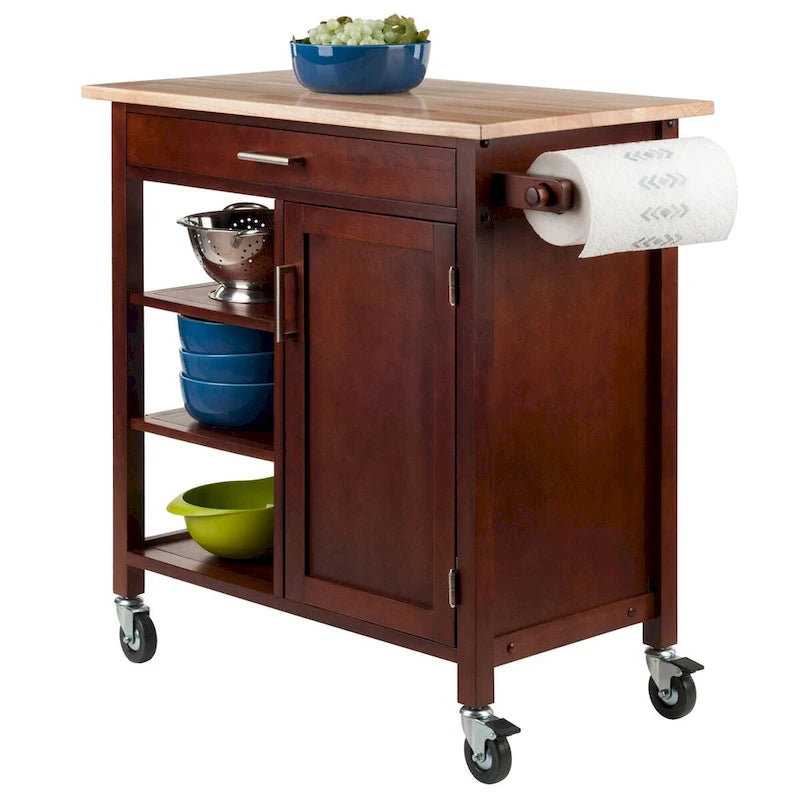 Walnut Rolling Kitchen Cart with Cabinet Drawer and Open Shelves