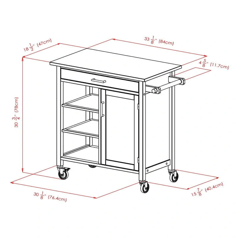 Walnut Rolling Kitchen Cart with Cabinet Drawer and Open Shelves