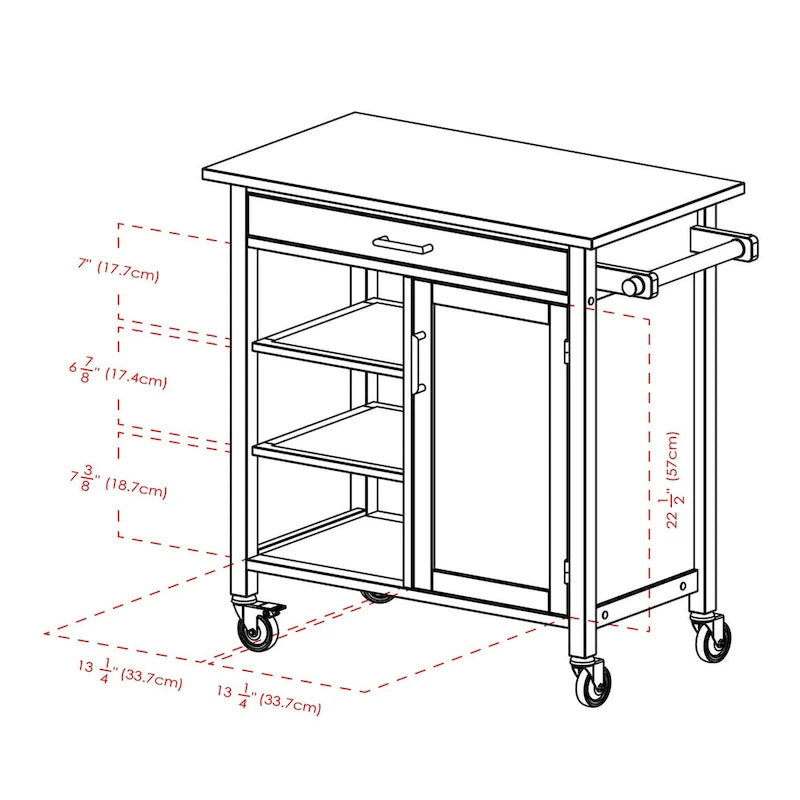 Walnut Rolling Kitchen Cart with Cabinet Drawer and Open Shelves