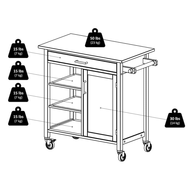 Walnut Rolling Kitchen Cart with Cabinet Drawer and Open Shelves