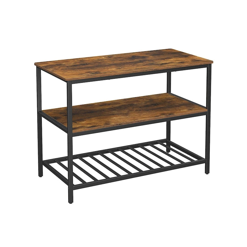 Rustic Brown 3-Tier Kitchen Island Table Matte Black Iron Frame Open Shelves