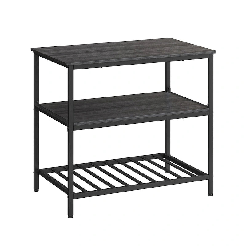Rustic Brown 3-Tier Kitchen Island Table Matte Black Iron Frame Open Shelves