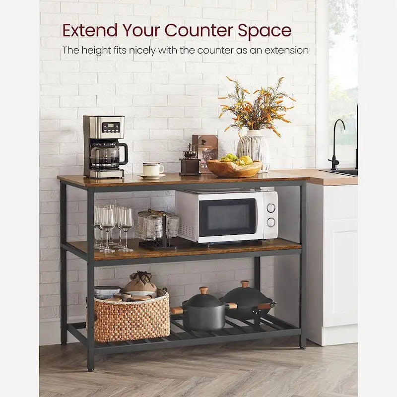 Rustic Brown 3-Tier Kitchen Island Table Matte Black Iron Frame Open Shelves