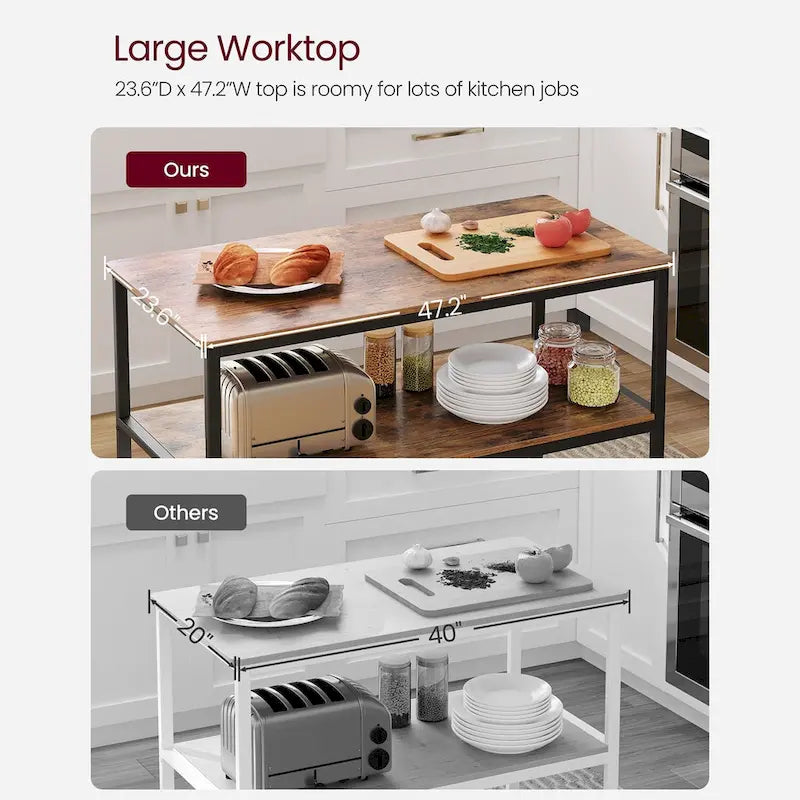 Rustic Brown 3-Tier Kitchen Island Table Matte Black Iron Frame Open Shelves