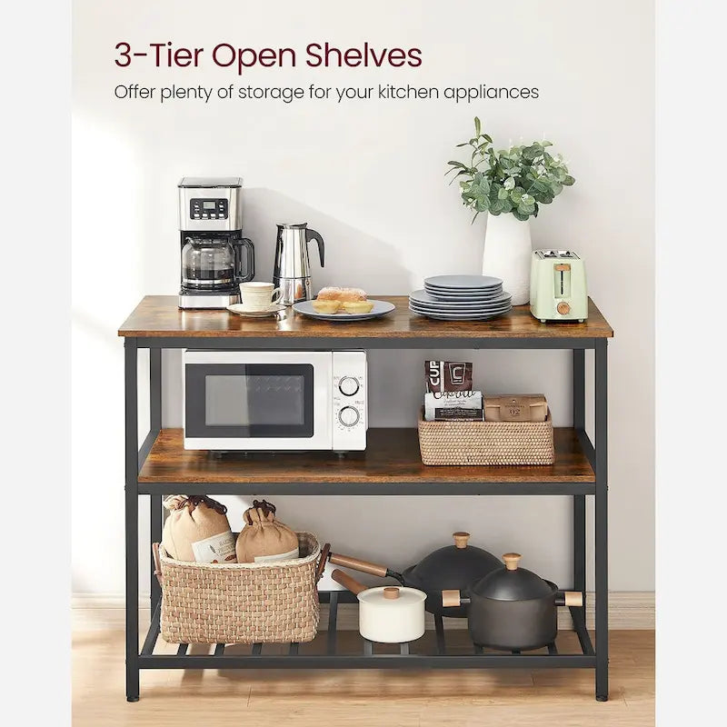 Rustic Brown 3-Tier Kitchen Island Table Matte Black Iron Frame Open Shelves