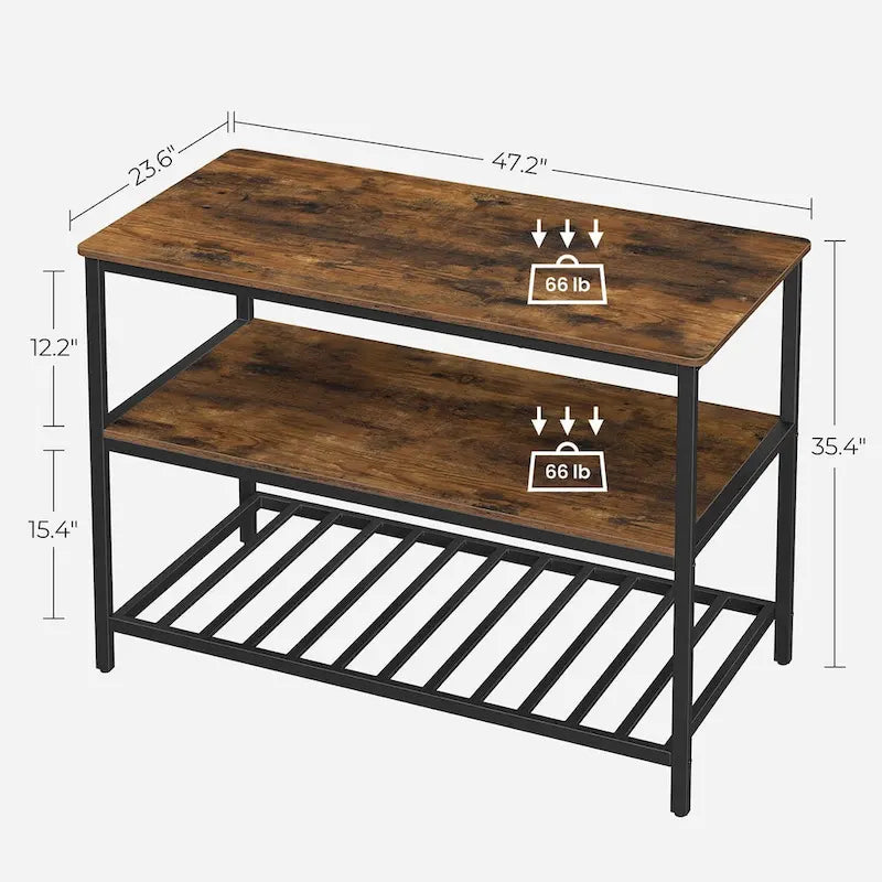 Rustic Brown 3-Tier Kitchen Island Table Matte Black Iron Frame Open Shelves