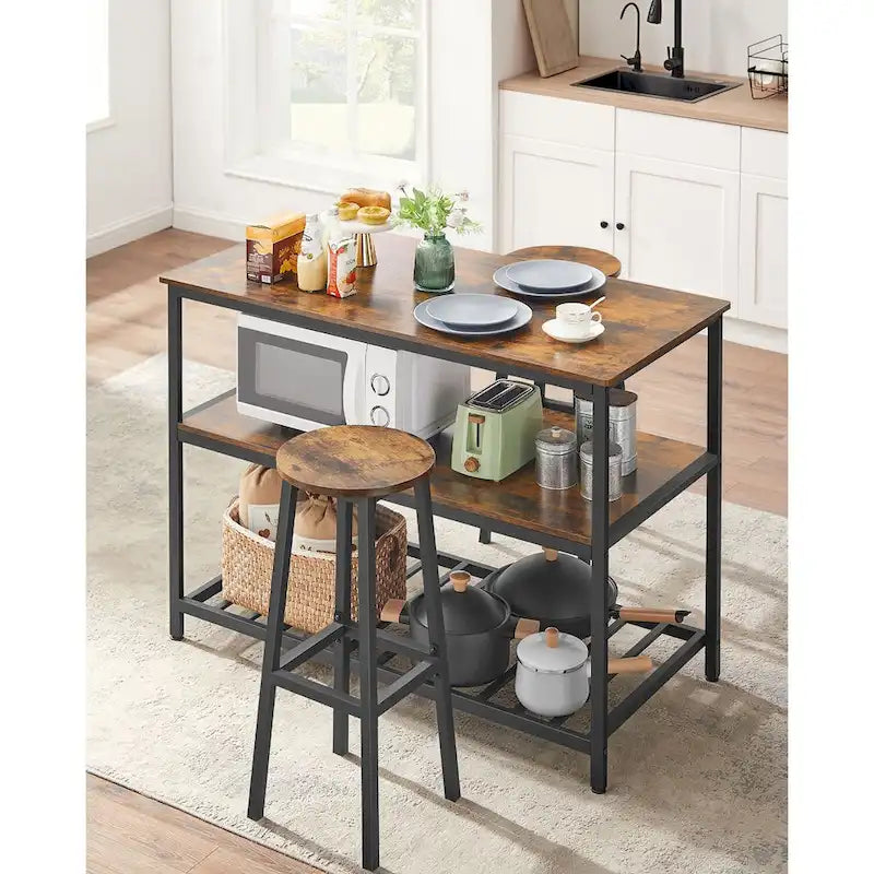 Rustic Brown 3-Tier Kitchen Island Table Matte Black Iron Frame Open Shelves