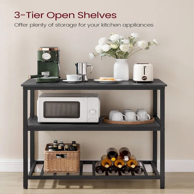 Rustic Brown 3-Tier Kitchen Island Table Matte Black Iron Frame Open Shelves