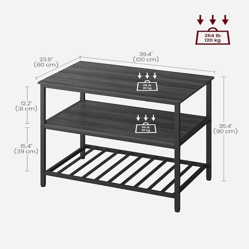 Rustic Brown 3-Tier Kitchen Island Table Matte Black Iron Frame Open Shelves