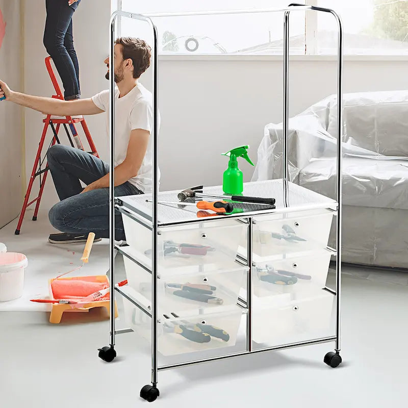 6-Drawer Rolling Storage Cart with Hanging Bar and Open Shelf, Black