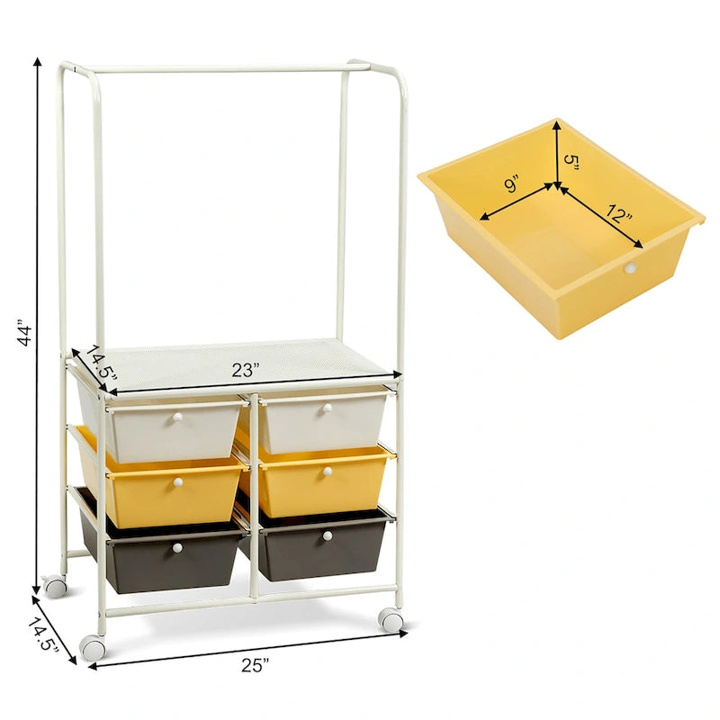 6-Drawer Rolling Storage Cart with Hanging Bar and Open Shelf, Black