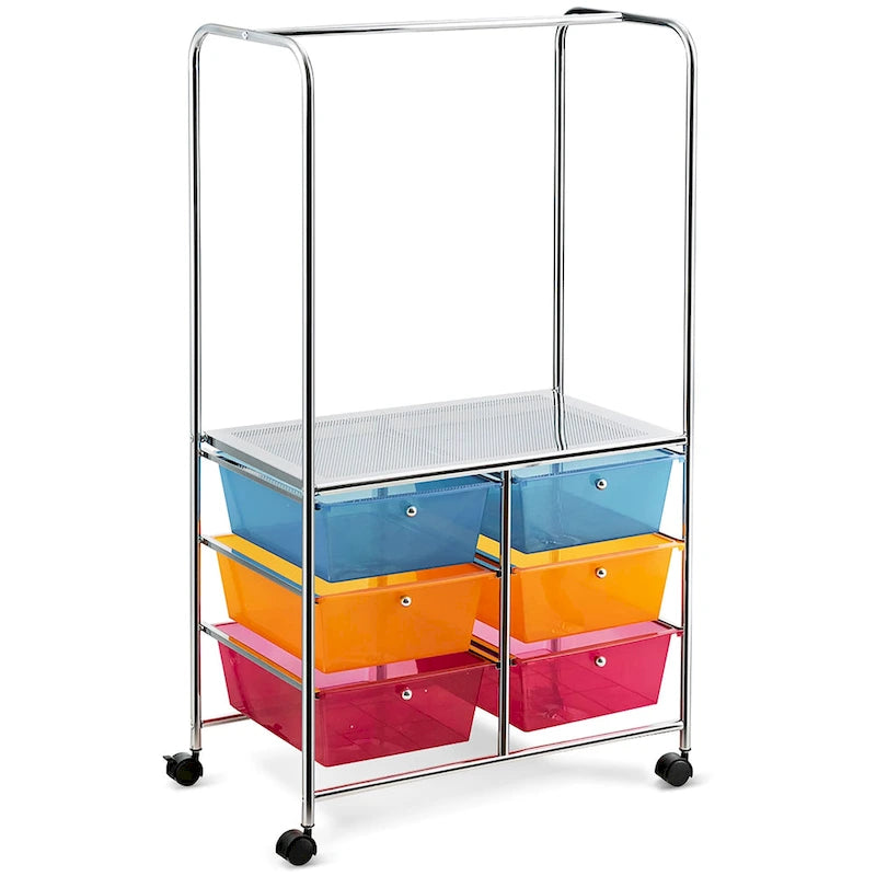 6-Drawer Rolling Storage Cart with Hanging Bar and Open Shelf, Black
