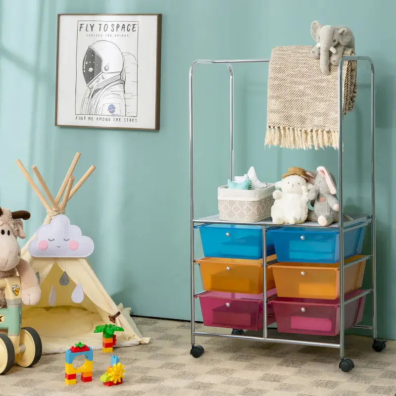 6-Drawer Rolling Storage Cart with Hanging Bar and Open Shelf, Black