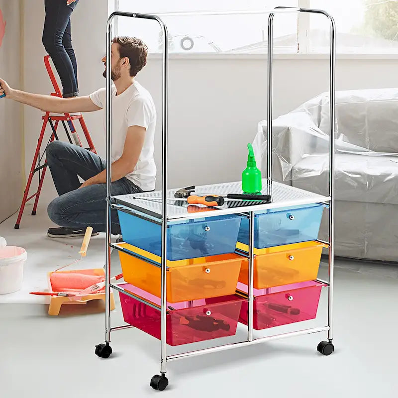 6-Drawer Rolling Storage Cart with Hanging Bar and Open Shelf, Black