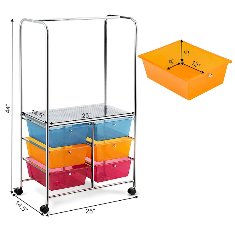 6-Drawer Rolling Storage Cart with Hanging Bar and Open Shelf, Black