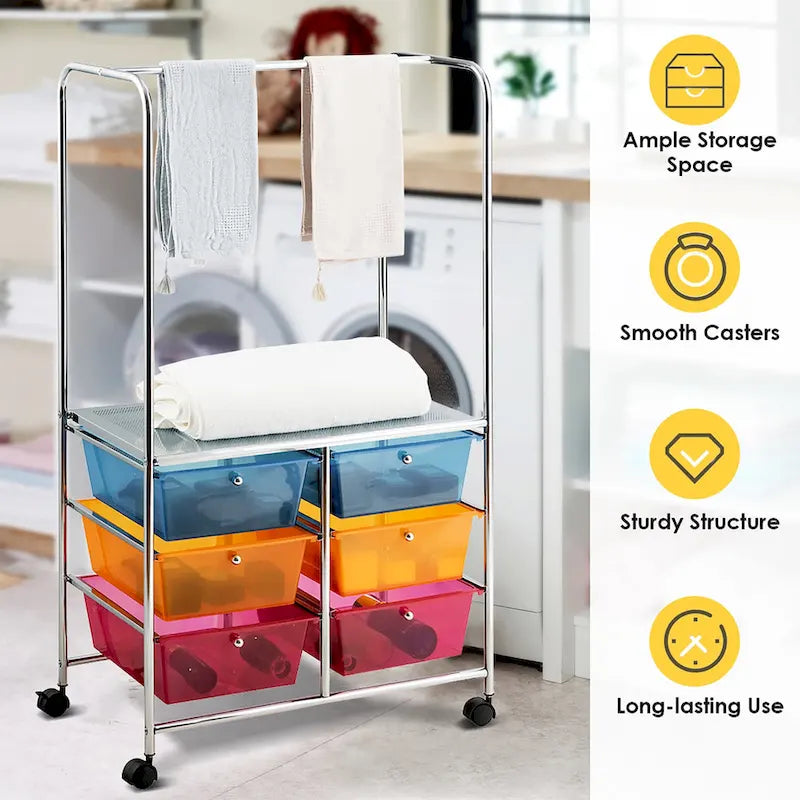 6-Drawer Rolling Storage Cart with Hanging Bar and Open Shelf, Black