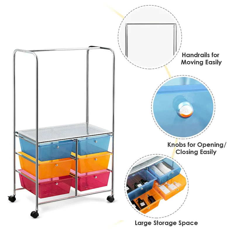 6-Drawer Rolling Storage Cart with Hanging Bar and Open Shelf, Black