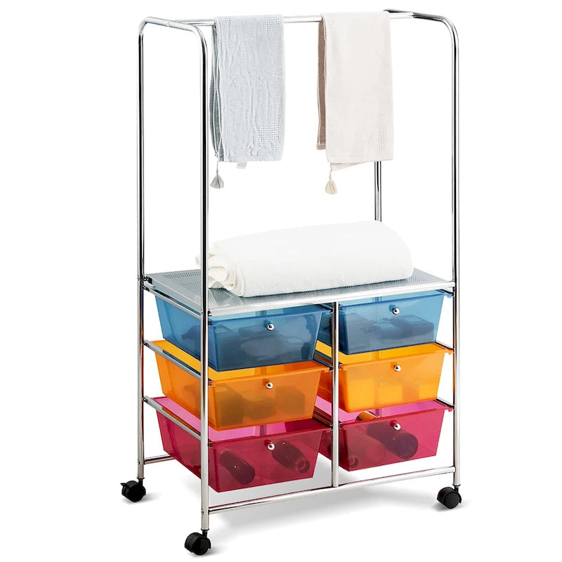 6-Drawer Rolling Storage Cart with Hanging Bar and Open Shelf, Black