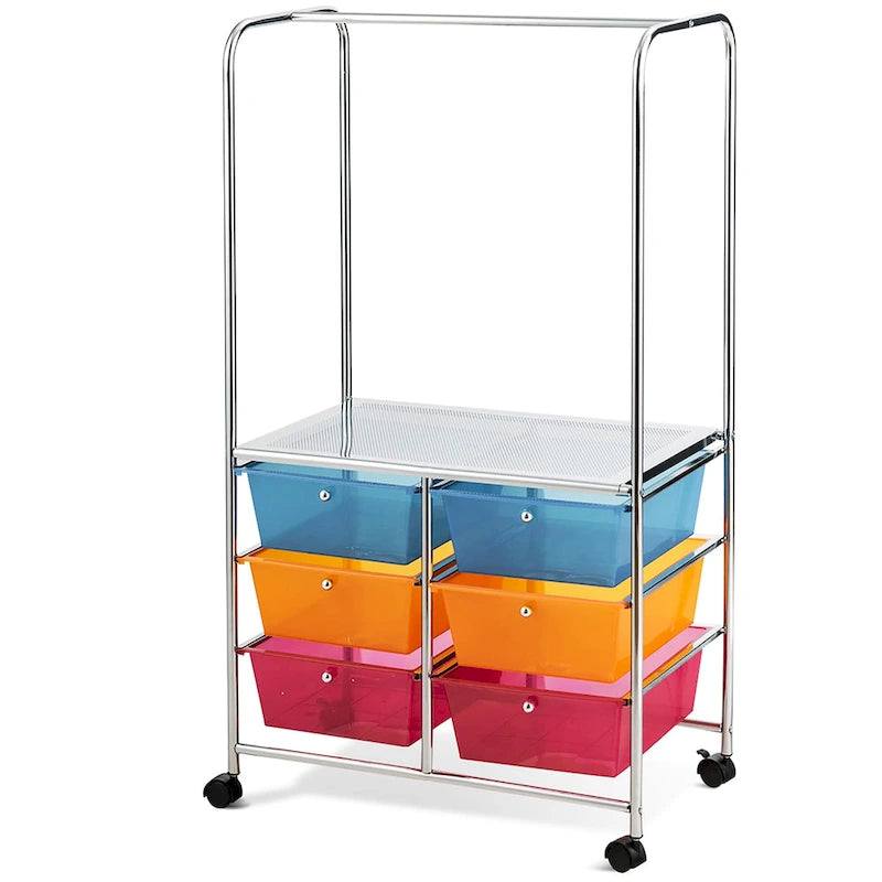 6-Drawer Rolling Storage Cart with Hanging Bar and Open Shelf, Black