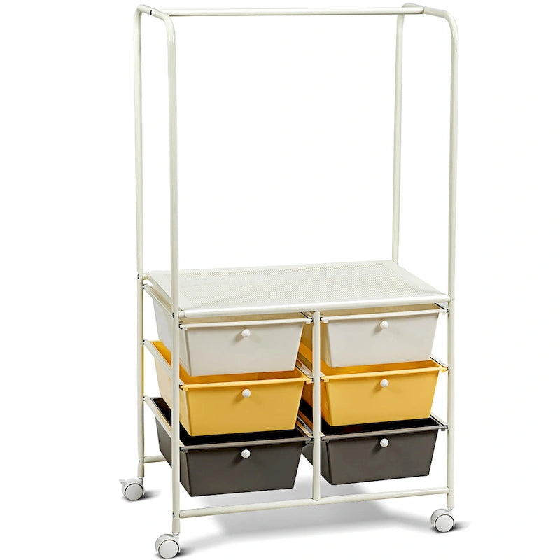6-Drawer Rolling Storage Cart with Hanging Bar and Open Shelf, Black